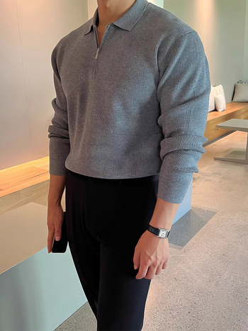 Мъжки пуловер с лацкан, дълъг ръкав, свободен силует, синтетична смес с еластан, машино пране