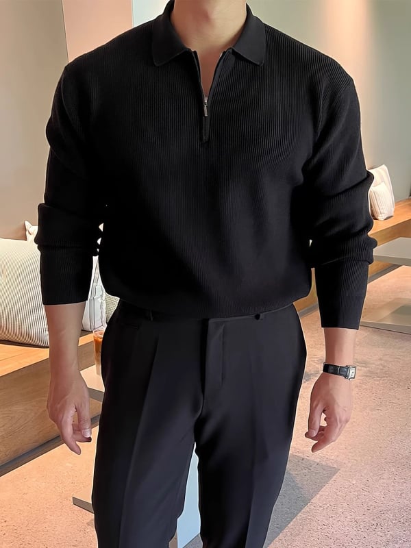 Мъжки пуловер с лацкан, дълъг ръкав, свободен силует, синтетична смес с еластан, машино пране