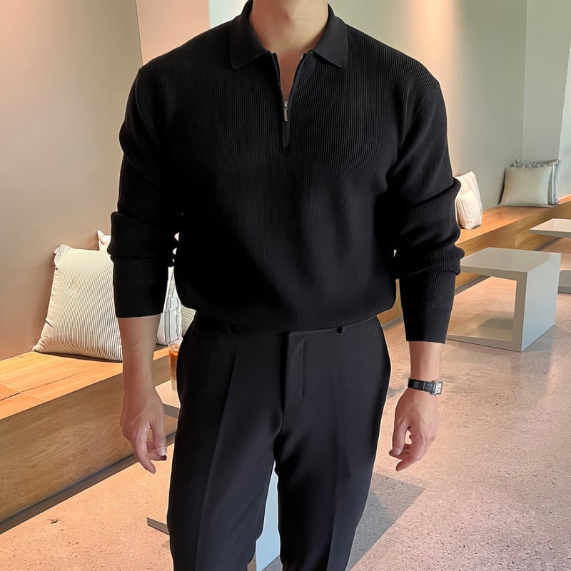 Мъжки пуловер с лацкан, дълъг ръкав, свободен силует, синтетична смес с еластан, машино пране