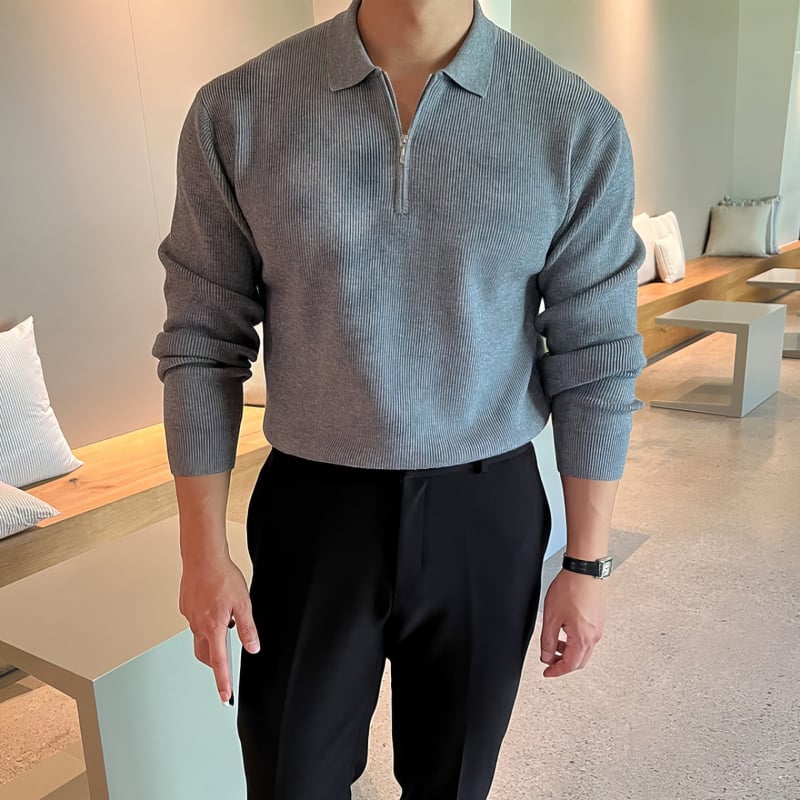 Мъжки пуловер с лацкан, дълъг ръкав, свободен силует, синтетична смес с еластан, машино пране