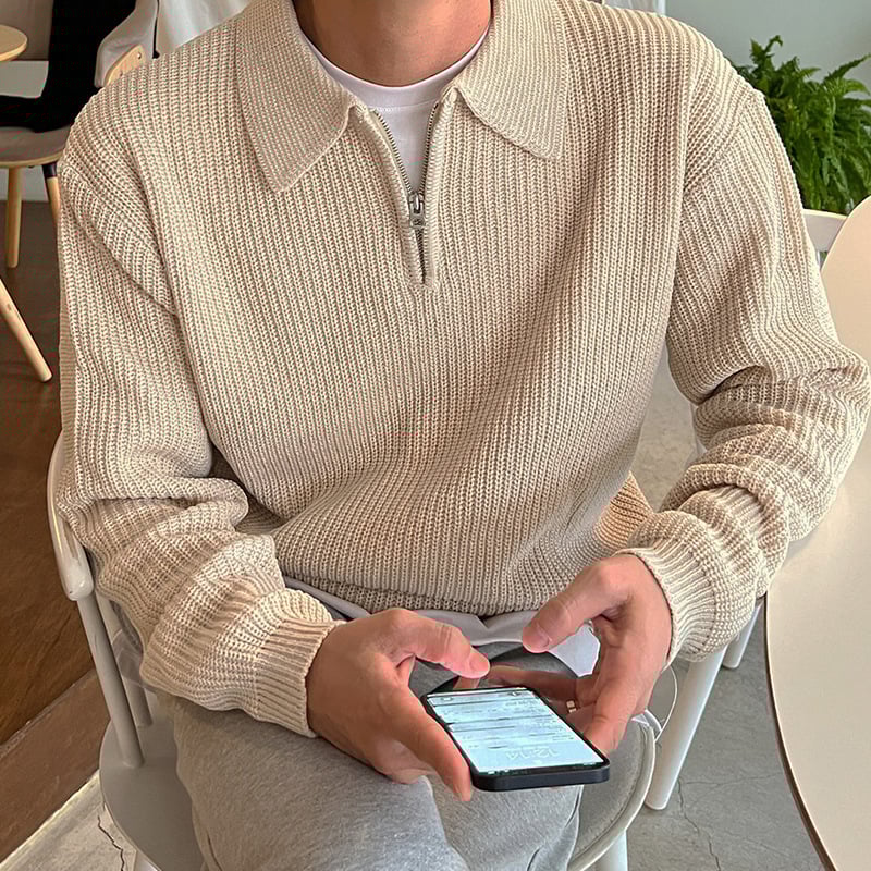 Мъжки пуловер с лацкан, дълъг ръкав, свободен силует, синтетична смес с еластан, машино пране