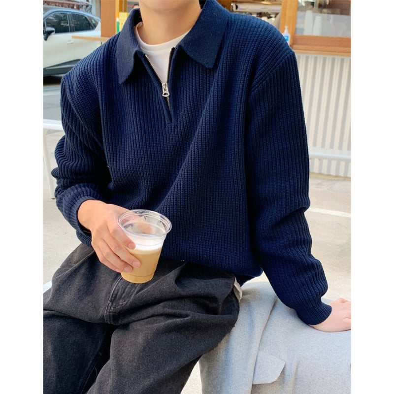 Мъжки пуловер с лацкан, дълъг ръкав, свободен силует, синтетична смес с еластан, машино пране