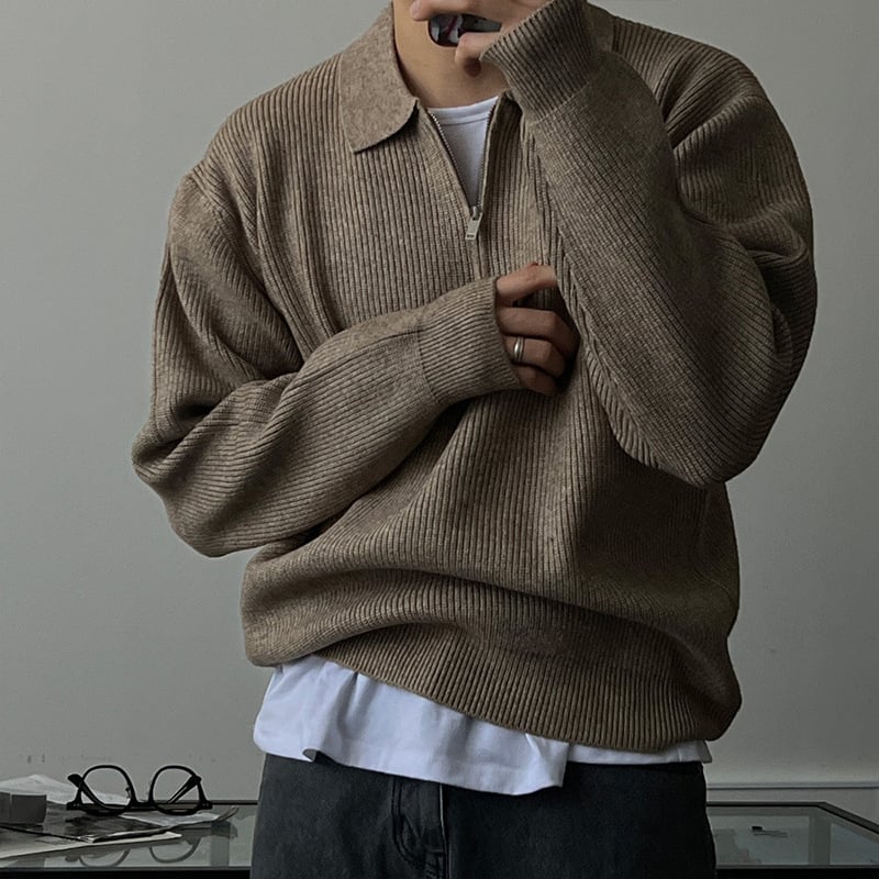 Мъжки пуловер с лацкан, дълъг ръкав, свободен силует, синтетична смес с еластан, машино пране