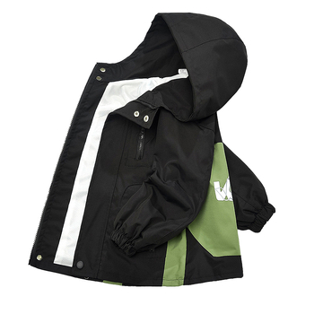 Gyerek tavaszi kabát rögzített kapucnival és cipzárral, kerek nyakú, hosszú ujjú, könnyű anyag, külső és bélés 100% poliészter