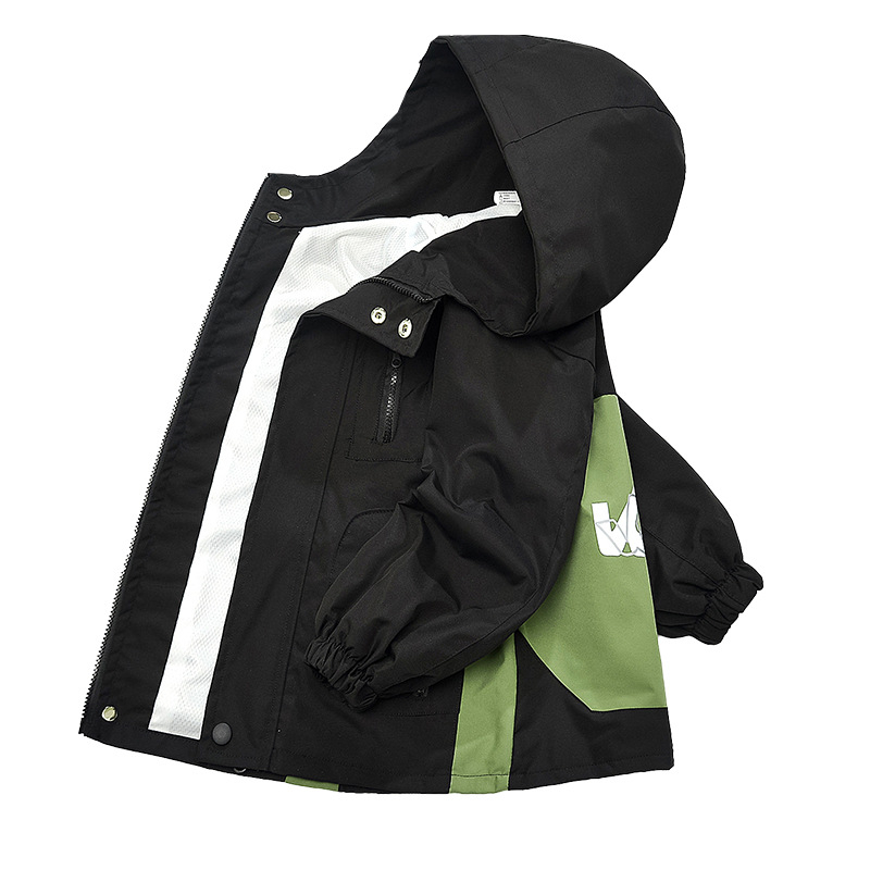 Gyerek tavaszi kabát rögzített kapucnival és cipzárral, kerek nyakú, hosszú ujjú, könnyű anyag, külső és bélés 100% poliészter