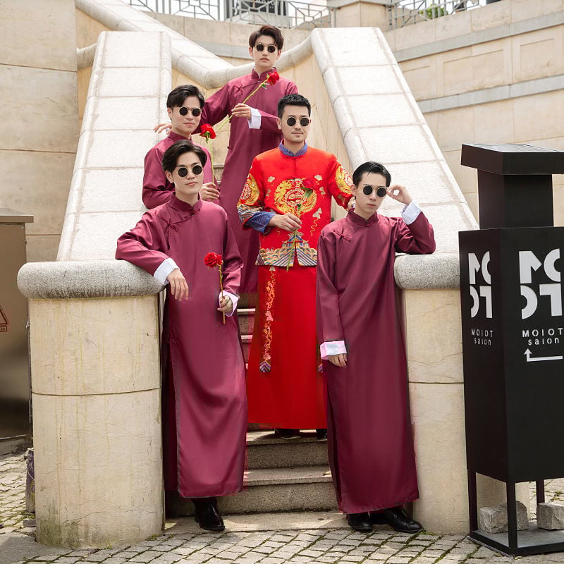 Шаферски смокинг в китайски стил, Corduroy и Rabbit-Hair плат, зима 2024, мъжки