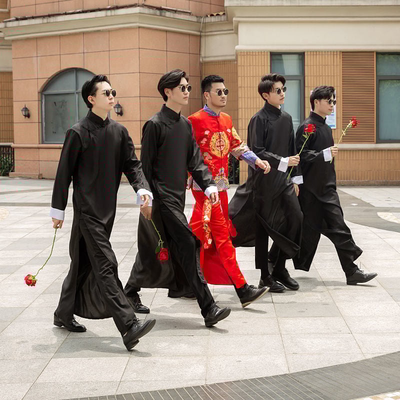 Шаферски смокинг в китайски стил, Corduroy и Rabbit-Hair плат, зима 2024, мъжки