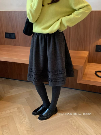 Susan 2025 зимна А-образна пола с дантелен кант, полиестер и еластан, микроеластична, японско-корейски свободен стил