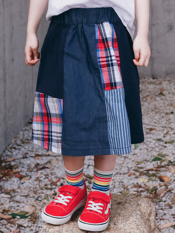 Mergaitėms skirtas A linijos medvilninis sijonas su languotu raštu, vasara 2025, 3–8 metų amžiaus