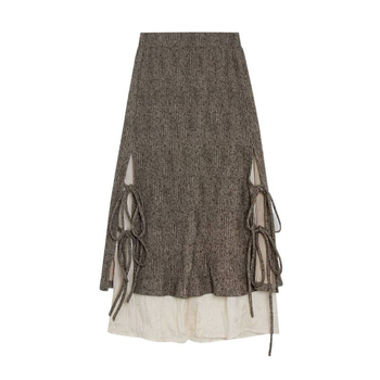 Smeđa kordurojna midi suknja s vezom, visokim strukom, vintage stil