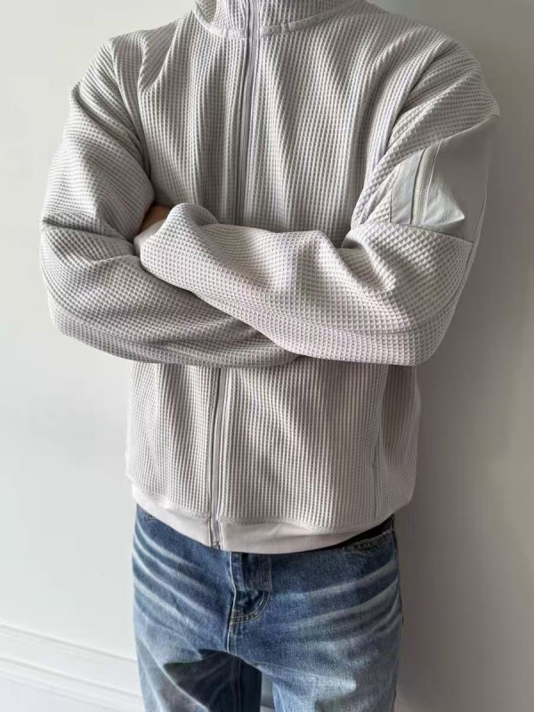 Muška jesen-zimska jakna s kapuljom, waffle tkanina, otporna na vjetar, zatvarač, stojeći ovratnik