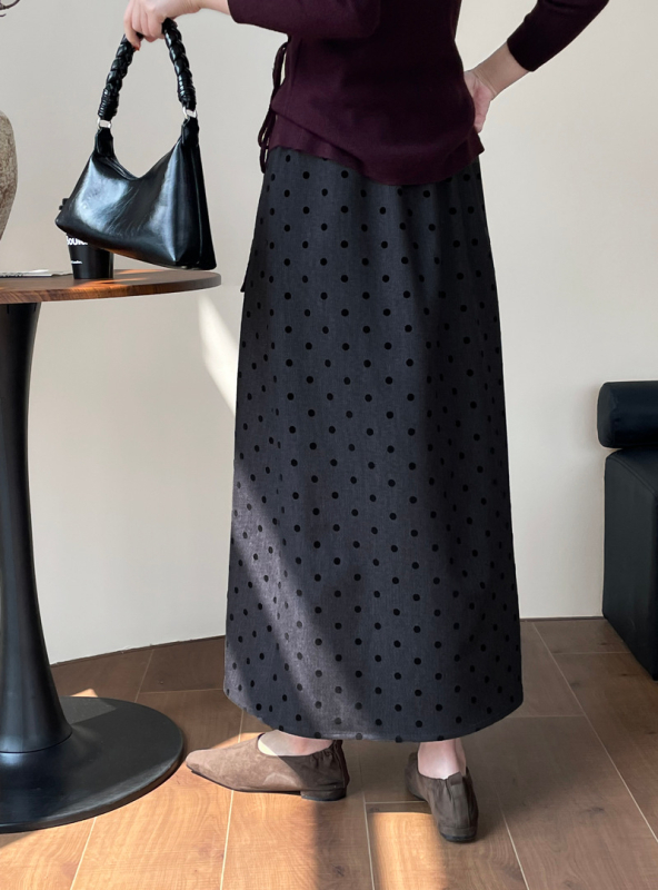 Fustă A-line cu buline, țesătură twill britanic, 70–80% poliester + fibră de celuloză regenerată, lungă, toamnă 2024, stil lejer coreean