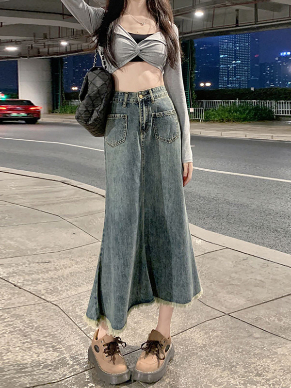 Džins midi suknja s ribljim repom, pamuk 70-80%, poliester ispod 30%