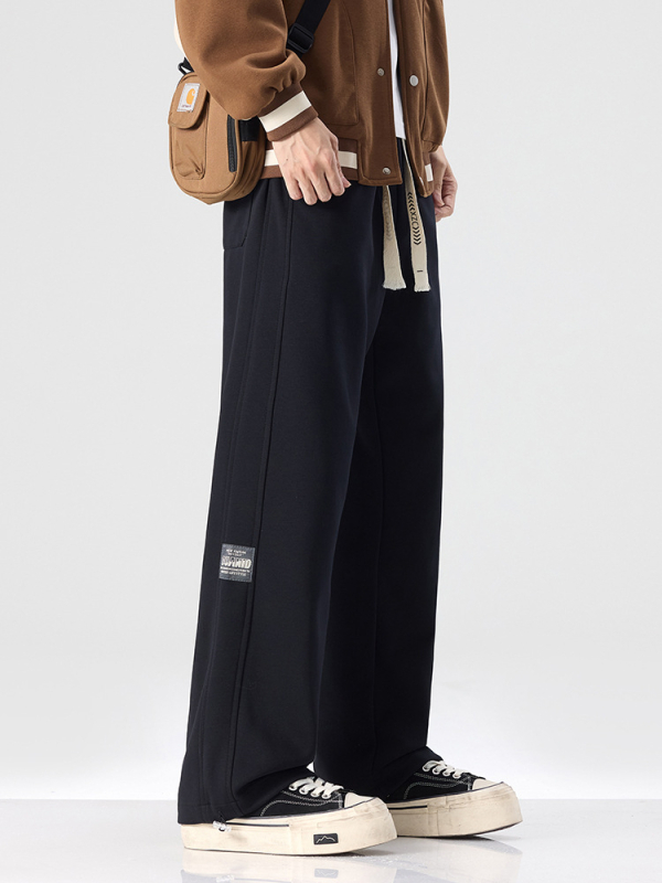 Мъжки памучно-смесени спортни панталони с права кройка, средна талия, с връзки