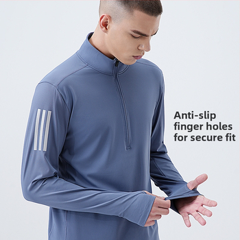 Vyrų fitneso džemperis su aukštu elastingumu, greitai džiūstantis, ilgos rankovės, pusiau užtrauktukas apykaklė, 82% poliesteris, 18% spandeksas