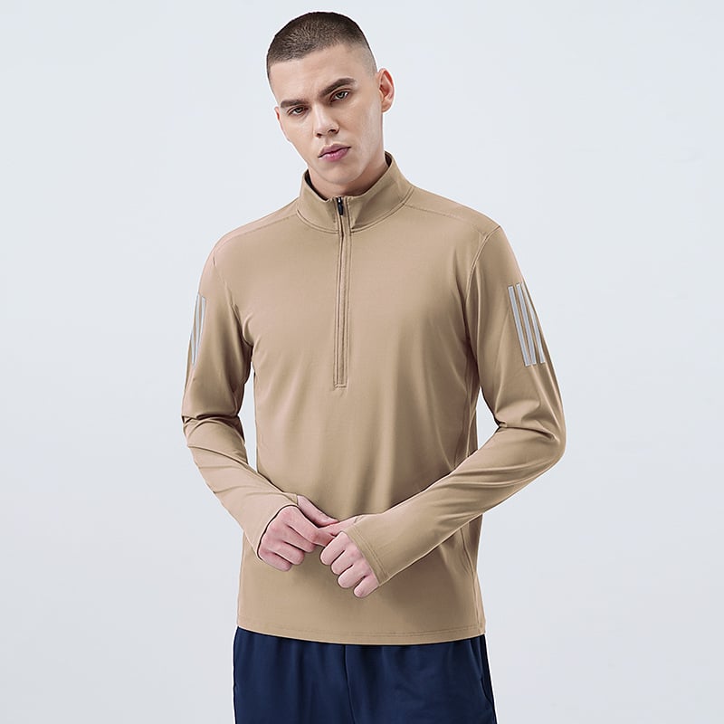 Vyrų fitneso džemperis su aukštu elastingumu, greitai džiūstantis, ilgos rankovės, pusiau užtrauktukas apykaklė, 82% poliesteris, 18% spandeksas