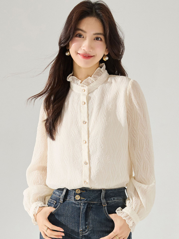 Košulja od šifona s embosiranom teksturom, apstraktan uzorak, udoban kroj, stojeći ovratnik