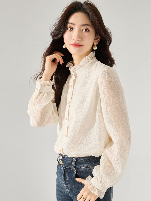 Košulja od šifona s embosiranom teksturom, apstraktan uzorak, udoban kroj, stojeći ovratnik