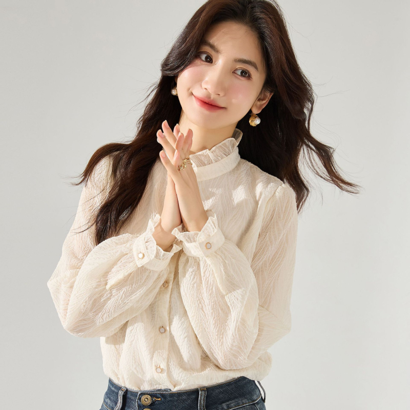 Košulja od šifona s embosiranom teksturom, apstraktan uzorak, udoban kroj, stojeći ovratnik