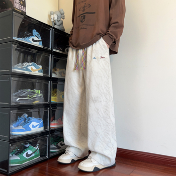 Vyrinės kordurojios kasdieninės kelnės su tie-dye siuvinėjimu, tiesus kirpimas, vidurinis juosmuo (corduroy audinys, tie-dye siuvinėjimas, siuvinėjimas, tiesus kirpimas, vidurinis juosmuo)