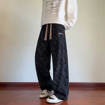 Vyrinės kordurojios kasdieninės kelnės su tie-dye siuvinėjimu, tiesus kirpimas, vidurinis juosmuo (corduroy audinys, tie-dye siuvinėjimas, siuvinėjimas, tiesus kirpimas, vidurinis juosmuo)