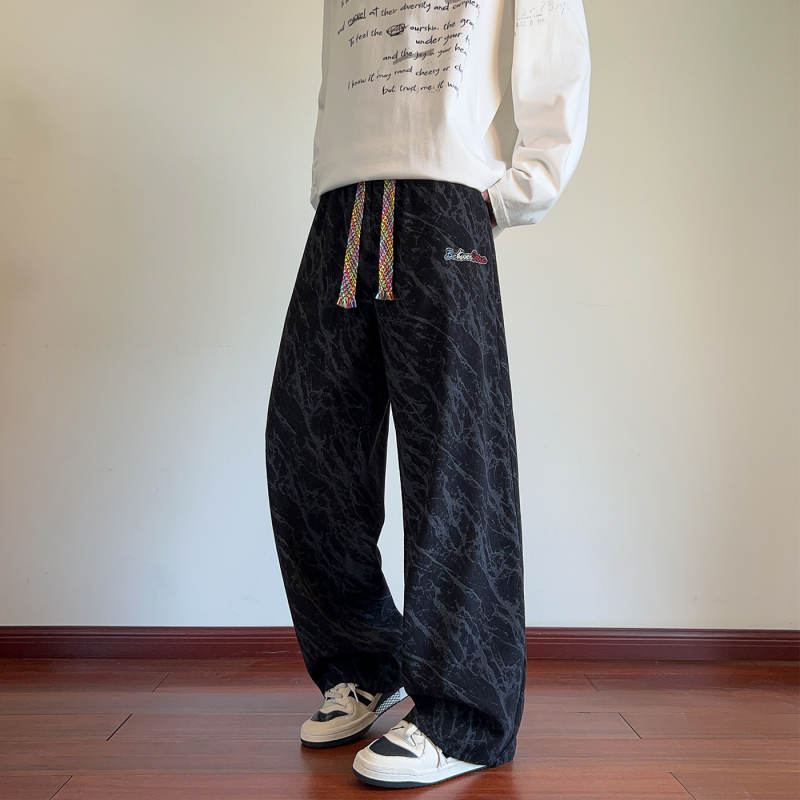 Мъжки corduroy спортно-ежедневни панталони с тай-дай бродерия, права кройка, средна талия (corduroy плат, тай-дай бродерия, права кройка, средна талия)