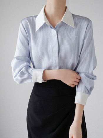 Satiinist särk, triibuline muster, polo krae, pikkade varrukatega, sirge lõige