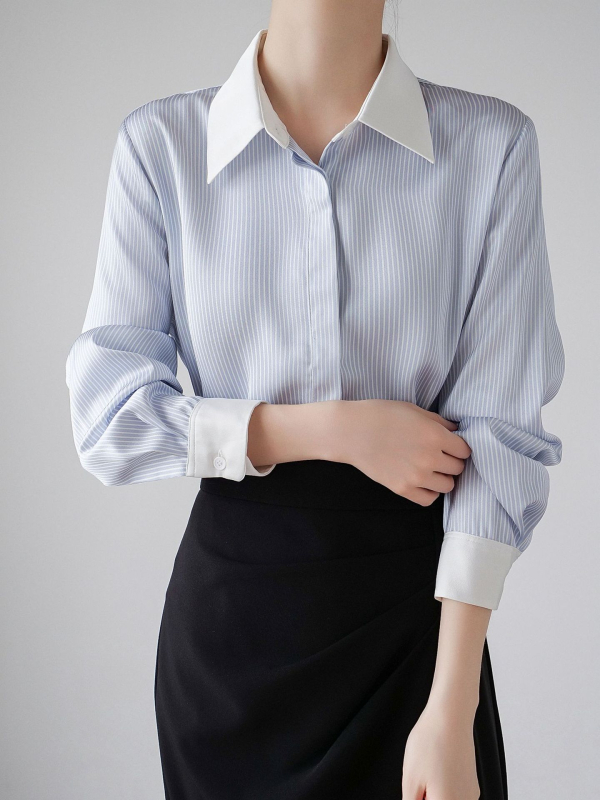 Satiinist särk, triibuline muster, polo krae, pikkade varrukatega, sirge lõige