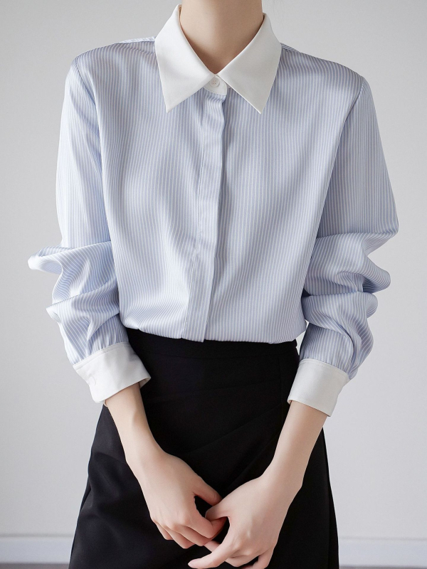 Satiinist särk, triibuline muster, polo krae, pikkade varrukatega, sirge lõige