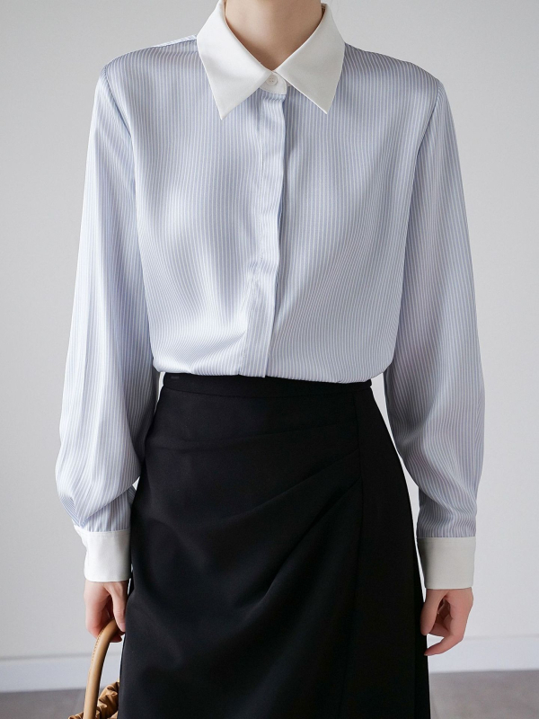 Satiinist särk, triibuline muster, polo krae, pikkade varrukatega, sirge lõige