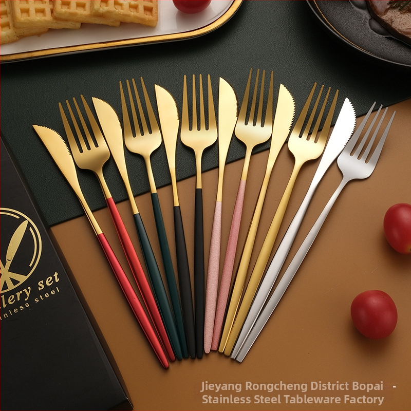 Nerūdijančio plieno stalo įrankių rinkinys – peilis, šakutė, šaukštas ir lazdelės; 410 nerūdijantis plienas, veidrodinis poliravimas, dovanos pakuotė, galimybė pritaikyti