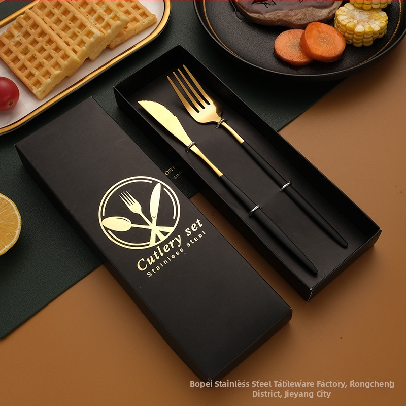 Nerūdijančio plieno stalo įrankių rinkinys – peilis, šakutė, šaukštas ir lazdelės; 410 nerūdijantis plienas, veidrodinis poliravimas, dovanos pakuotė, galimybė pritaikyti