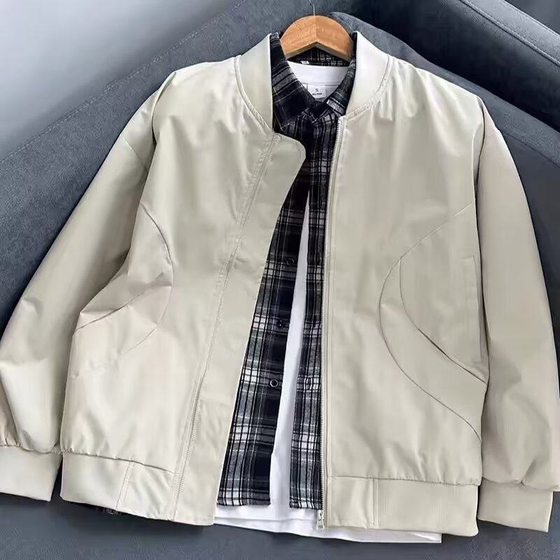 Bomber jakna za proljeće i jesen, stojeći ovratnik, zatvarač, tanak, 100% poliester, džepovi s patch dizajnom