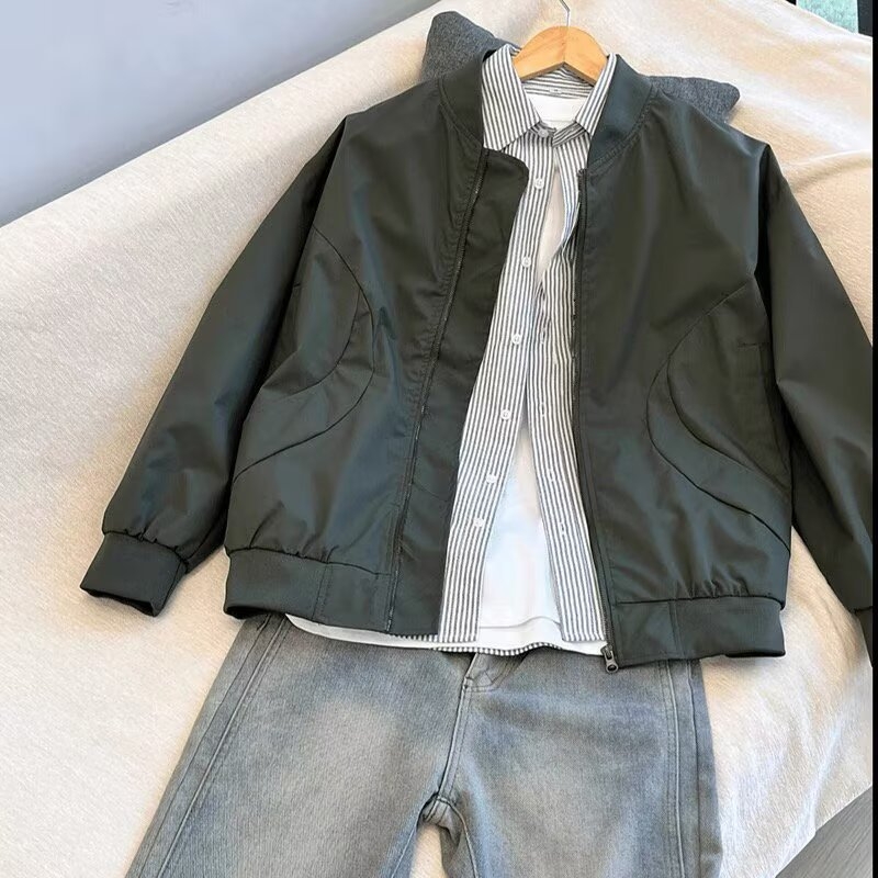 Bomber jakna za proljeće i jesen, stojeći ovratnik, zatvarač, tanak, 100% poliester, džepovi s patch dizajnom