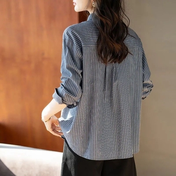 Prugasta košulja od poliestera, slim fit, dugi rukav, polo ovratnik, korejski ležerni stil.