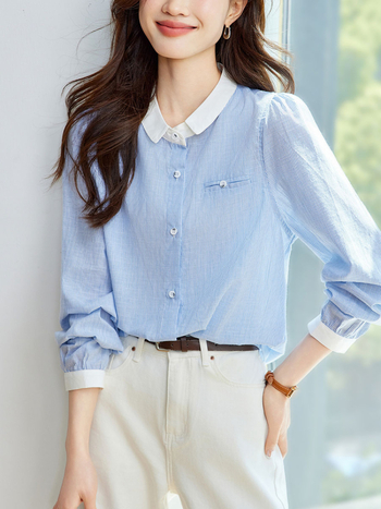 Košulja s prugama, mali kvadratni ovratnik, dugi rukavi, pamuk, opušten kroj