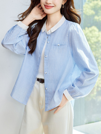 Košulja s prugama, mali kvadratni ovratnik, dugi rukavi, pamuk, opušten kroj