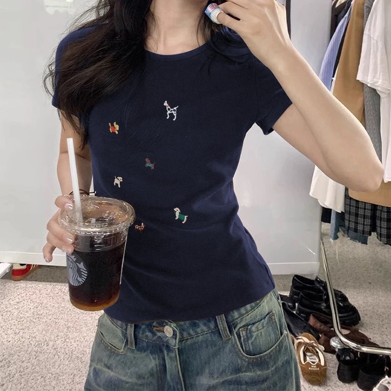 Ženski T-shirt s kratkim rukavima, uski kroj, okrugli izrez, životinjski uzorak, pull-over stil