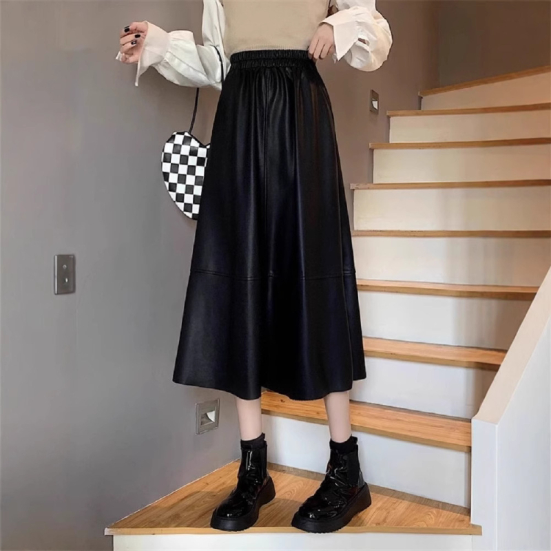 Fustă din piele PU, stil A-line, lungime medie, elasticitate micro, primăvara 2025