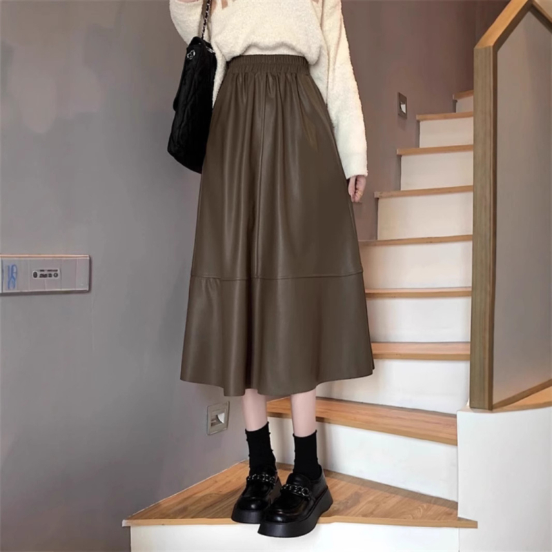 Fustă din piele PU, stil A-line, lungime medie, elasticitate micro, primăvara 2025