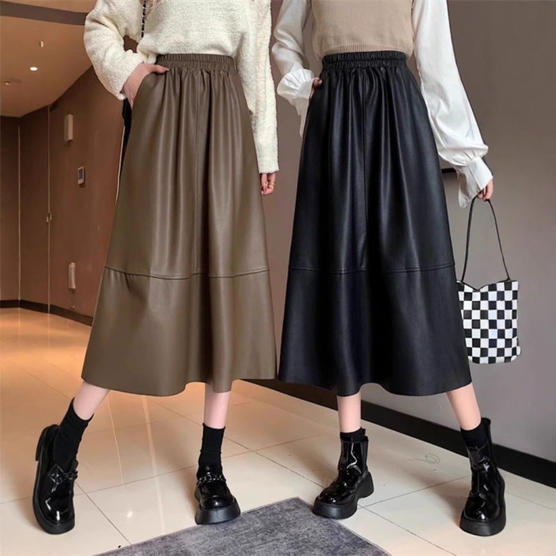 Fustă din piele PU, stil A-line, lungime medie, elasticitate micro, primăvara 2025