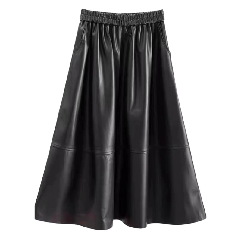 Fustă din piele PU, stil A-line, lungime medie, elasticitate micro, primăvara 2025