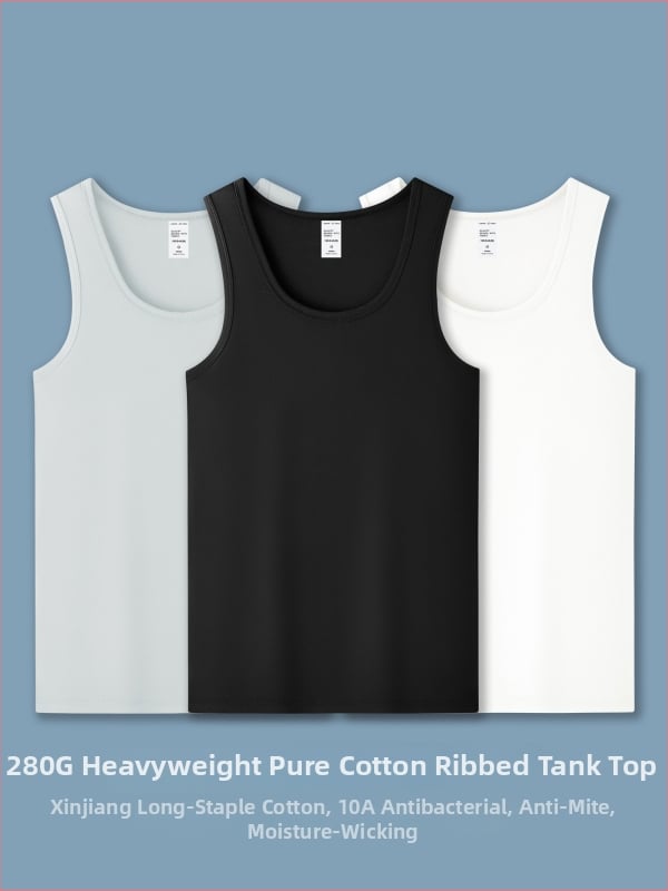 Мъжки спортен потник без ръкави, 280 g тежък памук, тясно прилепващ, с кръгъл кант, Зима 2025