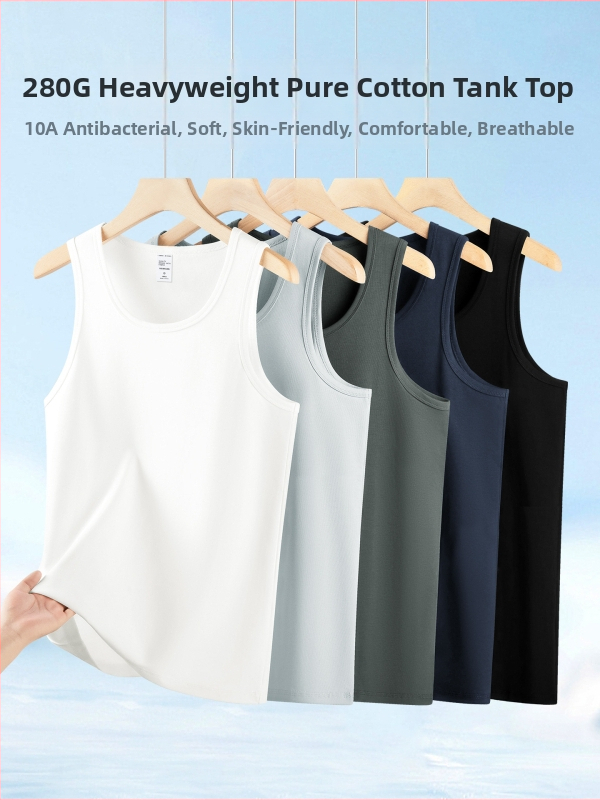 Мъжки спортен потник без ръкави, 280 g тежък памук, тясно прилепващ, с кръгъл кант, Зима 2025