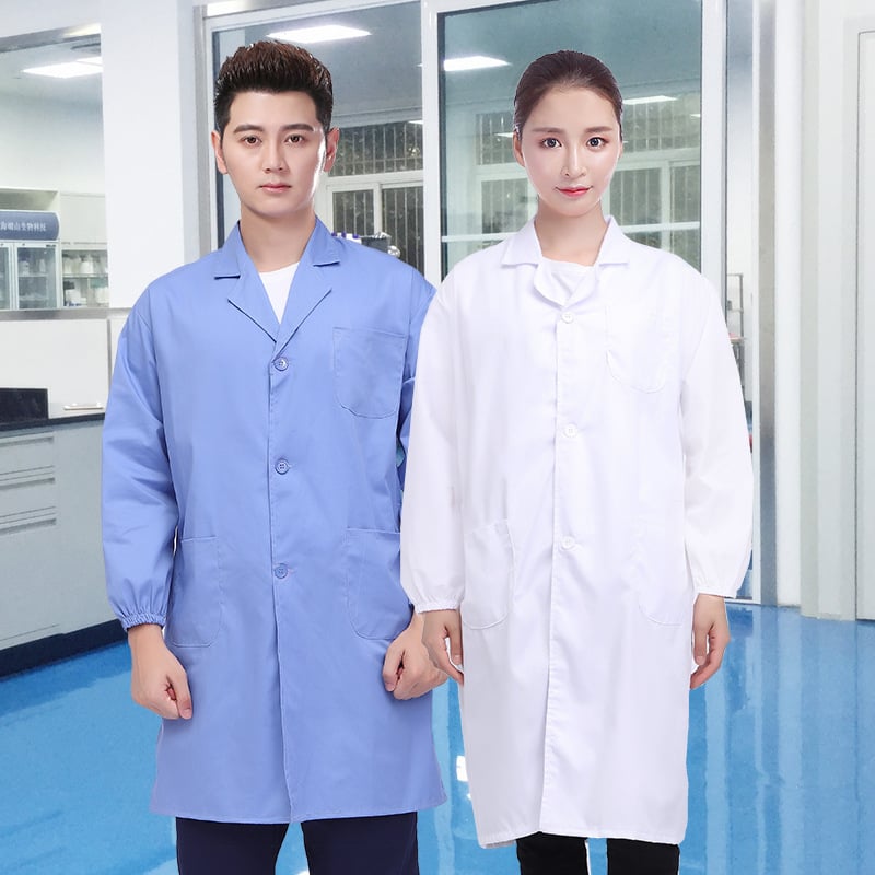 Vyrų laboratorinis chalatas, ilgomis rankovėmis, kvėpuojanti medvilnės mišinio medžiaga, užsegamas mygtukais, sugeria drėgmę