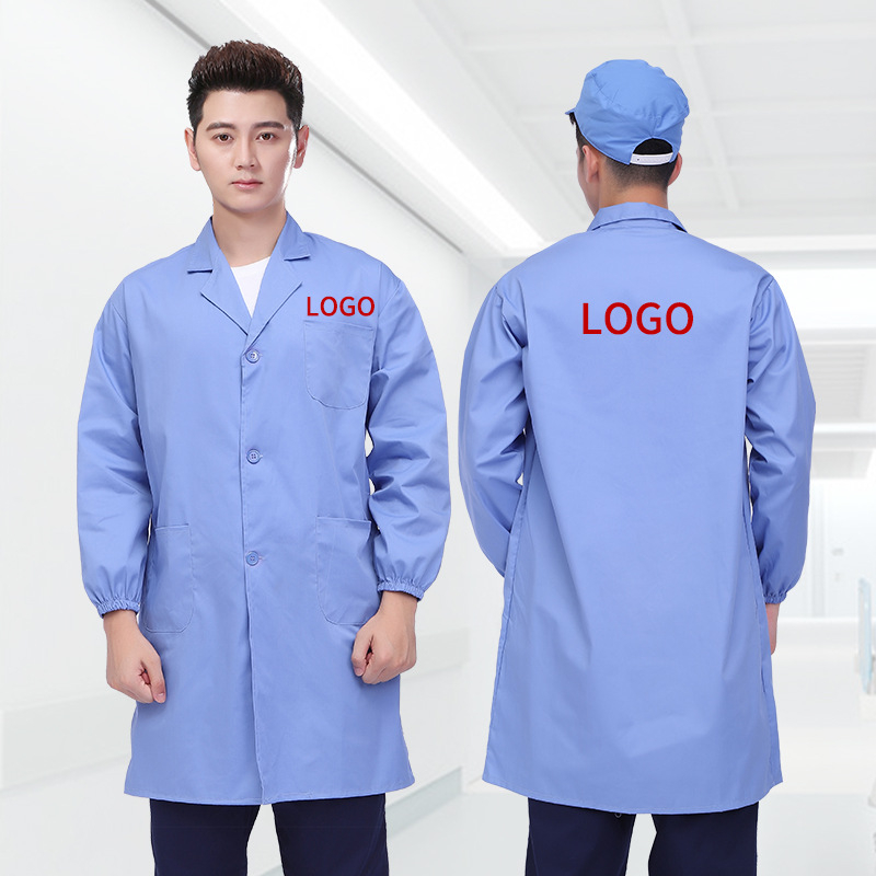 Vyrų laboratorinis chalatas, ilgomis rankovėmis, kvėpuojanti medvilnės mišinio medžiaga, užsegamas mygtukais, sugeria drėgmę