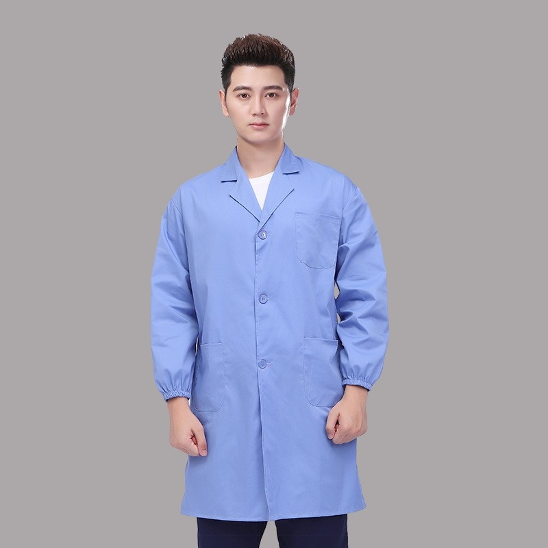 Vyrų laboratorinis chalatas, ilgomis rankovėmis, kvėpuojanti medvilnės mišinio medžiaga, užsegamas mygtukais, sugeria drėgmę