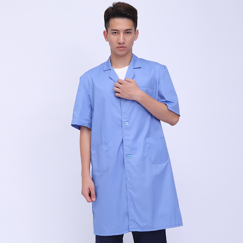 Vyrų laboratorinis chalatas, ilgomis rankovėmis, kvėpuojanti medvilnės mišinio medžiaga, užsegamas mygtukais, sugeria drėgmę