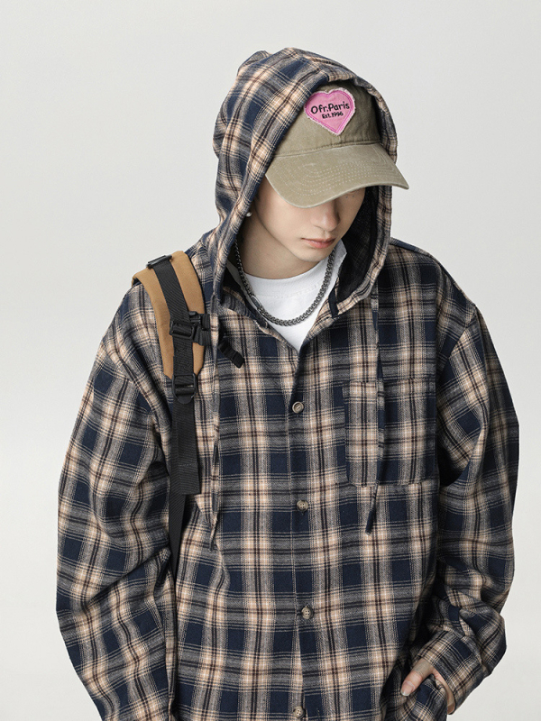 Meeste kapuutsiga ruuduline särk-jakk, pikad varrukad, vaba lõike, kaelus tüüpi rever.