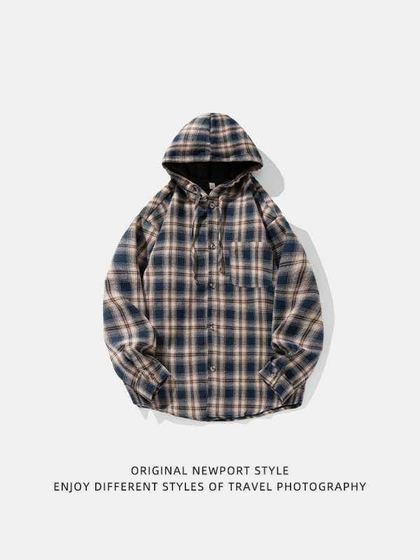 Мъжка риза-яке с качулка, каре, дълги ръкави, свободен силует, ла-пел яка.